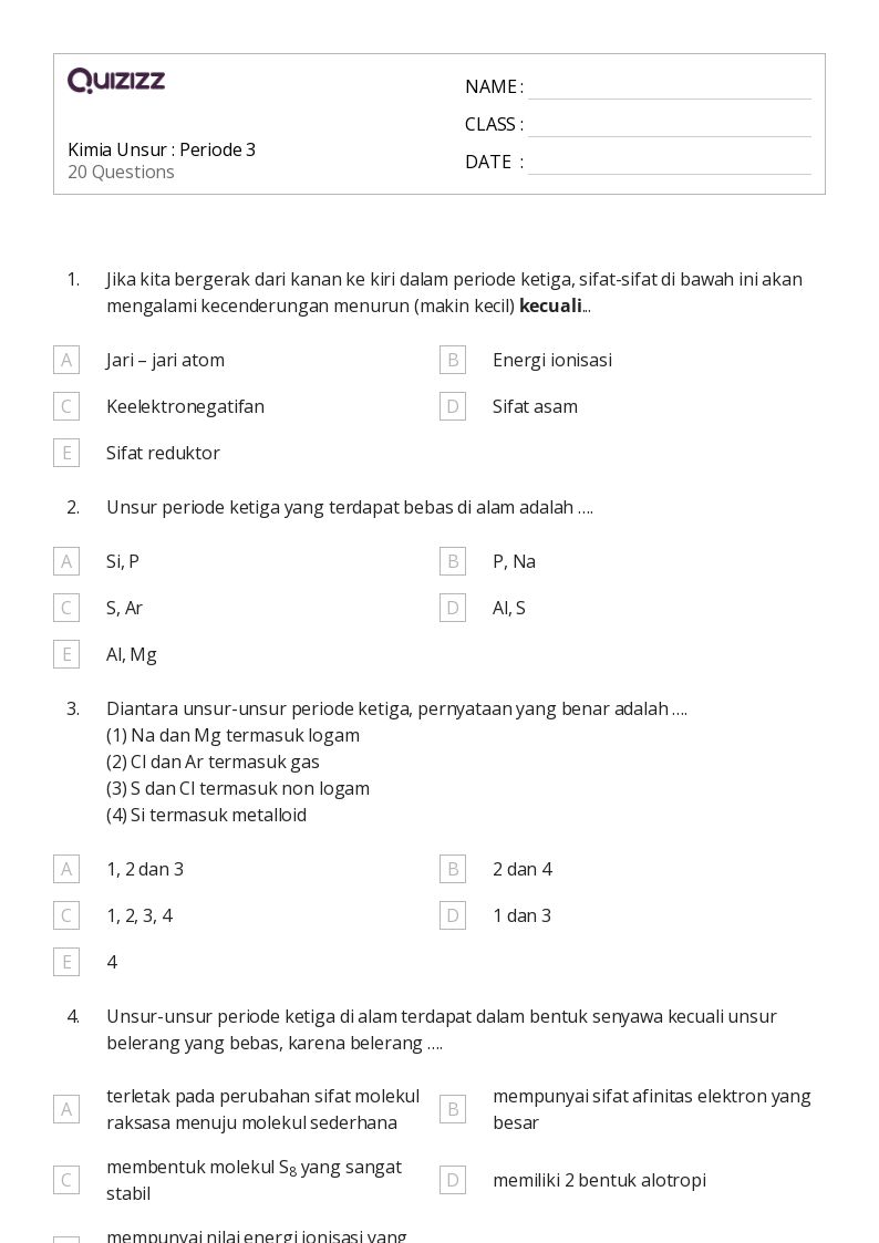 50 lembar kerja Kimia untuk Kelas 12 di Quizizz Gratis Dapat Dicetak